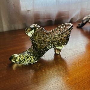 1960s Vintage Fenton Colonial Green Hobnail Slipper | Vintage Glass Collectible